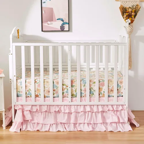 Vista 5 de Brandream Juego de ropa de cama de cuna para niñas, 3 piezas, diseño floral para guardería, con flores encantadoras, pétalos pintorales, hojas
