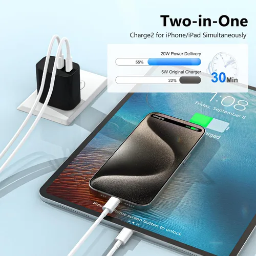 Vista 3 de Paquete de 3 bloques de cargador USB C, enchufe de pared rápido de 20 W de doble puerto (negro) Bloque USB C de carga rápida PD de 20 W