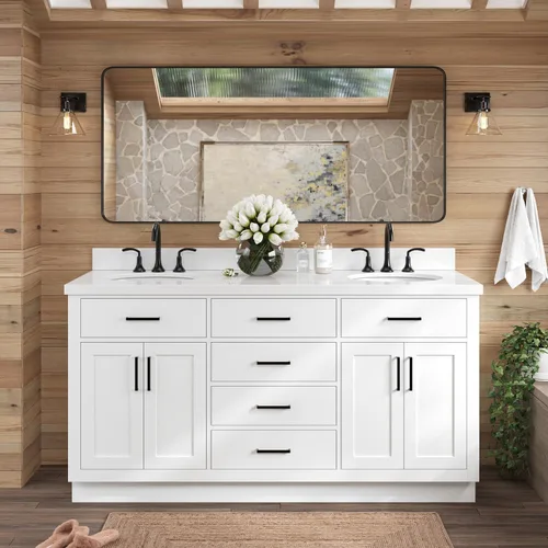 Vista 45 de ARIEL Hepburn - Tocador de baño de 30 pulgadas con fregadero, madera maciza, encimera y protector contra salpicaduras de cuarzo blanco puro de 1.5