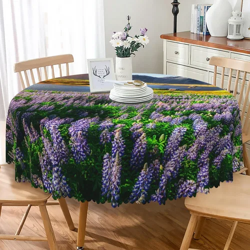 Vista 23 de Mantel redondo floral rústico de 48 pulgadas, con estampado botánico de flores en acuarela verde, azul y gris, a prueba de derrames y aceite, tela