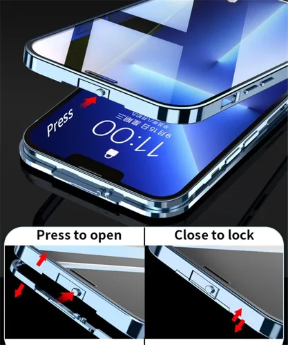 Vista 4 de Funda para iPhone 14 Cubierta de hebilla de doble cara Cubierta de pantalla y cámara Cubierta protectora de parachoques de metal Funda transparente