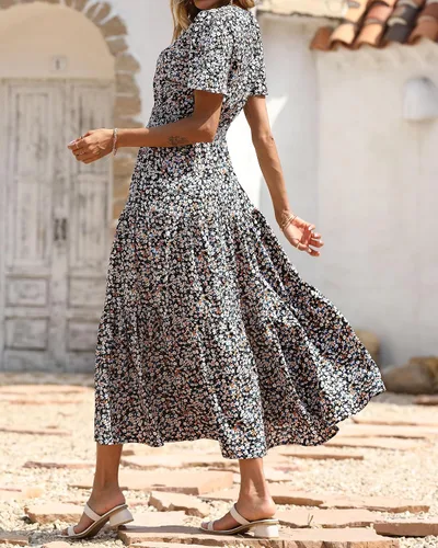Vista 4 de PRETTYGARDEN - Vestido largo casual de verano para mujer, manga corta, con vuelo, cuello redondo, cintura fruncida, escalonado, bohemio, floral