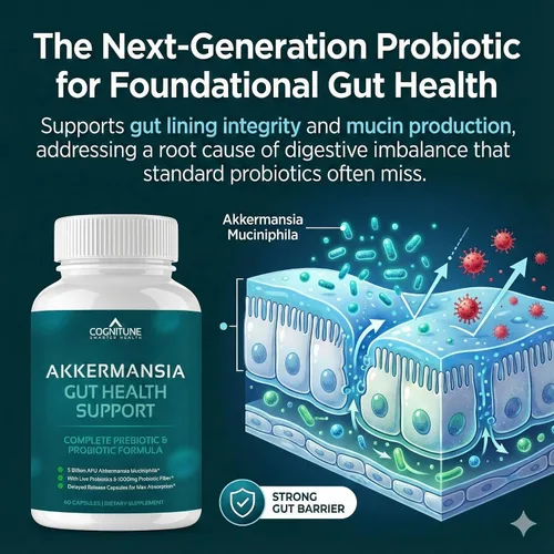 Vista 3 de CogniTune Probiótico con 5 mil millones de AFU Akkermansia Muciniphila - Apoya la salud intestinal con 30 mil millones de UFC y fibra prebiótica