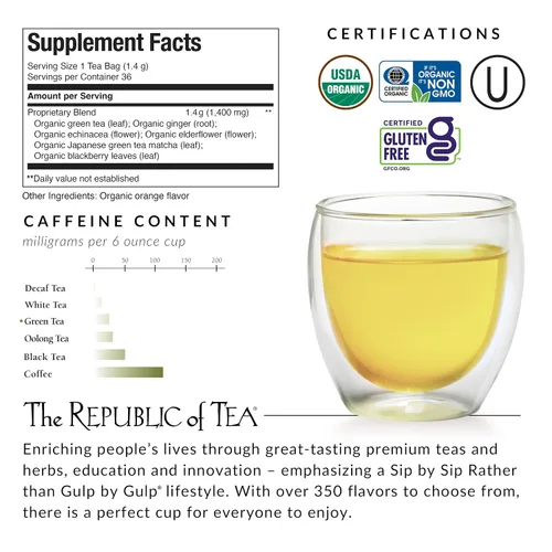 Vista 2 de The Republic of Tea Té verde SuperGreen de inmunidad orgánica, 36 bolsas de té, apoyo para el bienestar, sin gluten