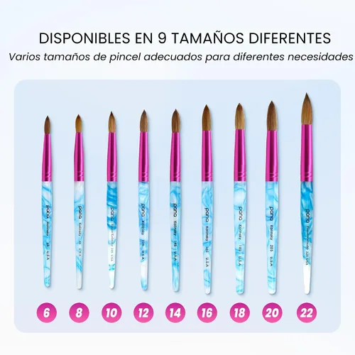 Vista 5 de PANA Pure Kolinsky - Cepillo de uñas acrílicas para el cabello, forma redonda, casquillo rosa con mango azul remolino blanco (talla 10)