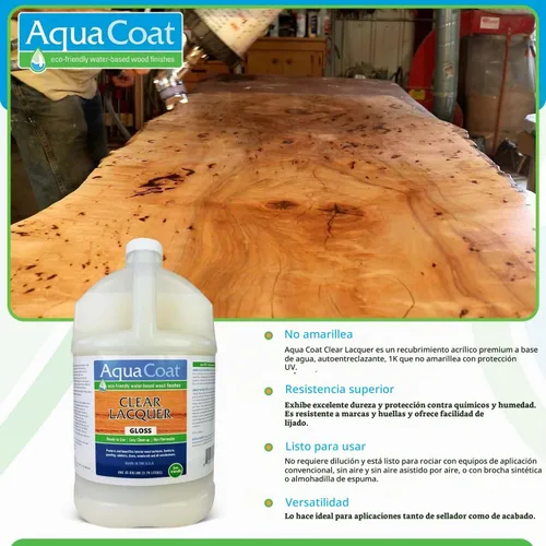 Vista 5 de Aqua Coat - Laca transparente con acabado brillante, a base de agua de primera calidad para madera y plástico, secado rápido, no se amarillea