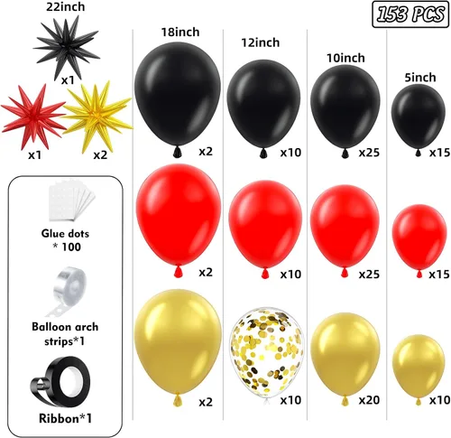 Vista 2 de Kit de arco de guirnalda de globos rojos y dorados de 153 unidades con estrellas - 22/18/12/10/5 pulgadas, globos de látex de diferentes tamaños
