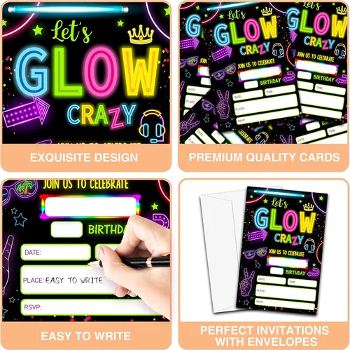Vista 3 de Invitaciones de fiesta de cumpleaños con neón y brillo, 20 unidades. Invitaciones temáticas de cumpleaños "Let's Glow Crazy" con sobres - HBYQK-B02