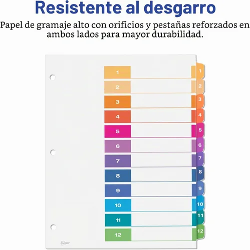 Vista 5 de Avery Separadores de 12 pestañas para carpetas de 3 anillas, índice personalizable, pestañas multicolor, 6 juegos (11196)
