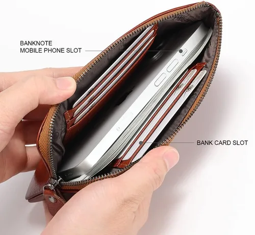 Vista 3 de Cartera de cuero genuino con cremallera para hombre. Hay 6 tarjetas bancarias dentro de la bolsa del teléfono móvil y 1 ranura para tarjetas