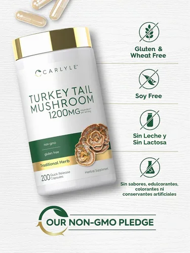 Vista 5 de Carlyle Cápsulas de hongos de cola de pavo 1200 mg 200 unidades Extracto sin OMG y sin gluten