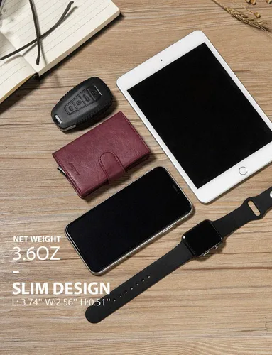 Vista 4 de LUNGEAR Tarjetero de cuero para tarjetas de crédito automático, billetera minimalista delgada con bloqueo RFID para hombre y mujer