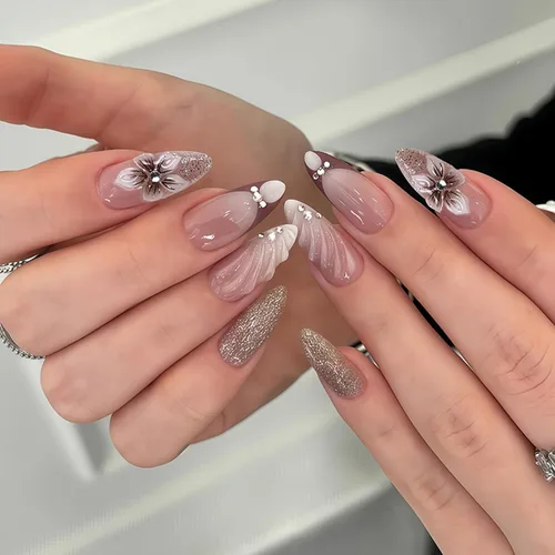 Vista 33 de Uñas postizas largas a presión, color negro, diseño francés y floral, 24