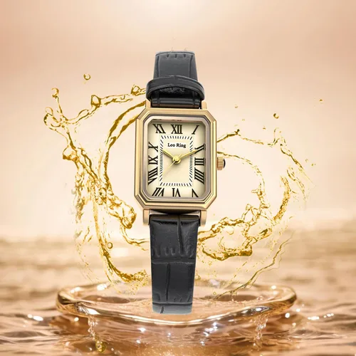 Vista 4 de LEO RING Relojes dorados para mujer, reloj analógico de lujo, delicado y moderno, pequeño, de cuero marrón, caja rectangular, esfera romana