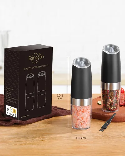 Vista 6 de Sangcon Gravity - Juego de molinillo eléctrico de sal y pimienta con agitador automático, molinillo con luz LED, FUNCIONA CON BATERÍAS, grosor