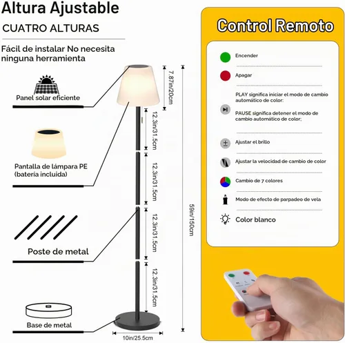 Vista 6 de Gewiny Lámpara de pie exterior Lámparas solares para exteriores Lámpara de pie impermeable recargable Lámpara de pie solar inalámbrica regulable LED