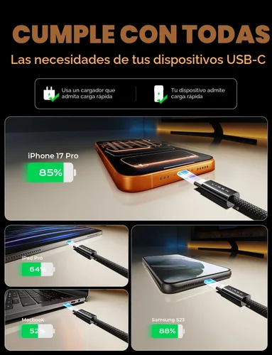 Vista 4 de LISEN Cable USB C, paquete de 5 cables USBC a USBC [0.5 pies] para iPhone 17 16e 15 Pro Max, cable de carga rápida de 60 W C a C para Galaxy Negro
