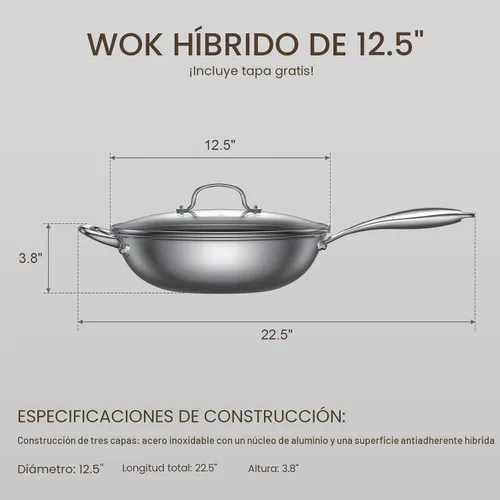 Vista 3 de Sartén híbrida de acero inoxidable de 12.5 pulgadas con tapa, sartén antiadherente texturizada con láser, sin PFOA, compatible con inducción, apta