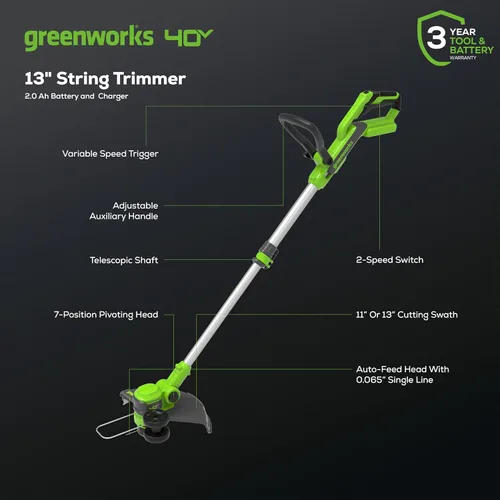 Vista 3 de Greenworks 40V Desmalezadora/desbrozadora inalámbrica 2 en 1 (Gen 2) - 13" de Greenworks para césped y acera, alternativa ligera al cortacésped a