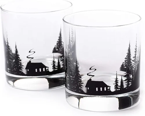 Vista 8 de Black Lantern Juego de vasos de whisky Cabin in the Forest – Vasos de 11 oz estilo antiguo con diseño de cabaña y pino Cristalería de base pesada