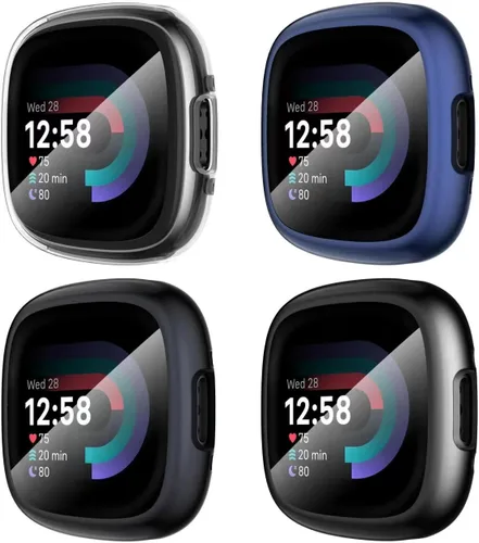 Vista 10 de Suoman [Paquete de 4] para Fitbit Sense 2/Versa 4 Funda Protectora de Pantalla, Parachoques de TPU Suave Galvanizado Completamente Alrededor Funda