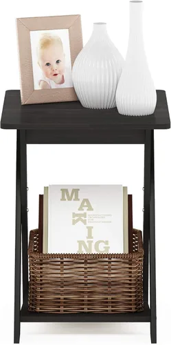 Vista 6 de Furinno Mesa auxiliar moderna y sencilla, mesa auxiliar cuadrada de 2 niveles con estante inferior abierto y patas en X, mesita de noche Espresso