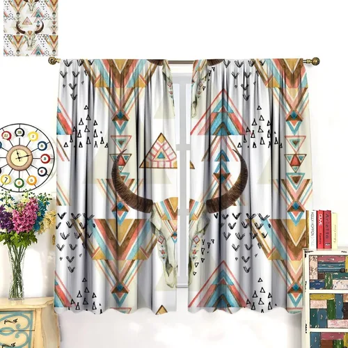 Vista 334 de Cortinas con patrón geométrico tribal, estilo suroeste, azteca, rústico, occidental, nativo americano, opacas, con bolsillo para barra, decoración