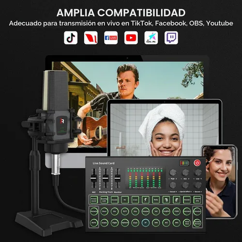 Vista 8 de RHM M9 Paquete de equipo de podcast, interfaz de audio todo en uno con micrófono y auriculares, 13 efectos de sonido, soporte para cambio