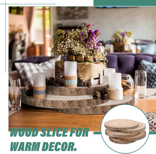 Vista 5 de 20 piezas redondas de madera para centros de mesa, corteza de árbol rústico sin terminar, rebanadas de madera natural para bodas, regalos