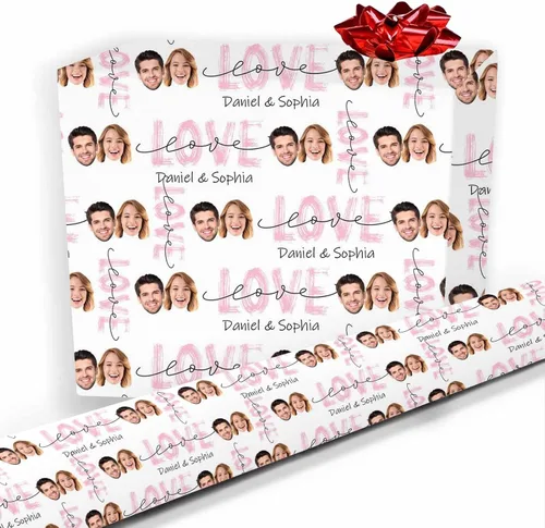 Vista 24 de Artsadd Papel de regalo personalizado con texto con imagen para aniversario, día de San Valentín, papel de regalo con foto personalizada con corazón
