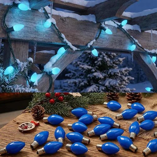 Vista 7 de Paquete de 25 bombillas azules de Navidad, bombillas incandescentes azules C7 de repuesto, bombillas de cerámica de vidrio vintage de 5 W
