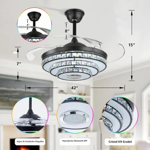 Vista 2 de Ventilador de techo de 42 pulgadas con ventilador de techo retráctil ligero Estilo negro - 1