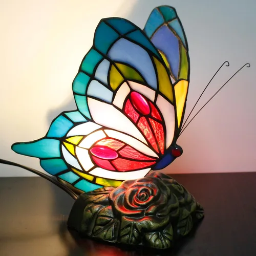 Vista 5 de Pequeña lámpara de mesa Tiffany de vidrio manchado Lámpara de escritorio de mariposa de 7X5X9.8 pulgadas Luz de acento antigua
