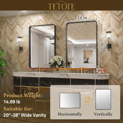 Vista 26 de TETOTE Espejo de marco dorado cepillado de 16 x 24 pulgadas, espejo de tocador de baño de latón dorado para pared, espejo enmarcado rectangular