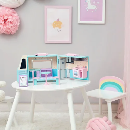 Vista 3 de Olivia's Little World Casa de muñecas de camión de comida de madera + accesorios para muñecas de 3.5", multicolor Accesorios incluidos