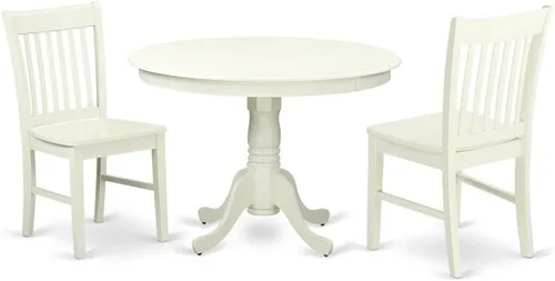 Vista 7 de East West Furniture HLNO3-BCH-W Juego de mesa y sillas de cocina de 3 piezas contiene una mesa de comedor redonda con pedestal y 2 sillas