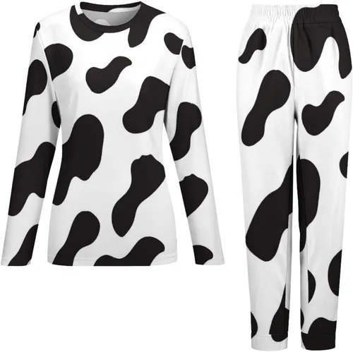 Vista 3 de Conjunto de pijama de dos piezas para mujer, estampado de vaca, color blanco y negro, 2XL