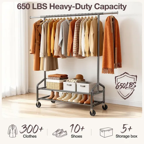 Vista 2 de Perchero de ropa resistente, 650 libras de carga para colgar ropa con 2 estantes resistentes, perchero de metal con ruedas para dormitorio