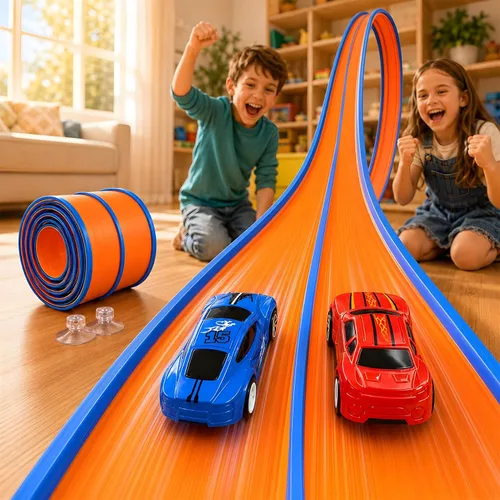 Vista 9 de 15FT Race Track, 2 High-Speed Pull Back Cars, Fits Hot Wheels Cars 15FT flexible double-lane track with 2 suction cups and 2 high-speed pull-back