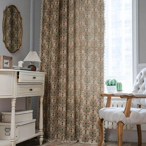 Vista 7 de BHUSB Cortinas rústicas para sala de estar de 63 pulgadas de largo, cortinas de ventana de lino y algodón con estampado floral bohemio, cortinas