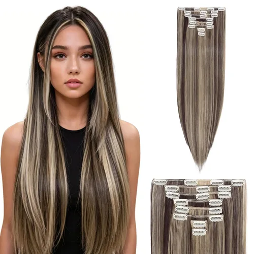 Vista 17 de S-noilite 8 piezas de extensiones de cabello largo con clip para mujer, extensiones de cabello sintético de doble trama, 18 pulgadas, #12H24 Honey