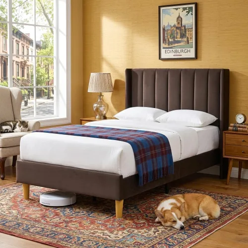 Vista 14 de Cama de plataforma tapizada de terciopelo Queen con cabecera con respaldo de alas, color crema Canal vertical acolchonado, listones de madera