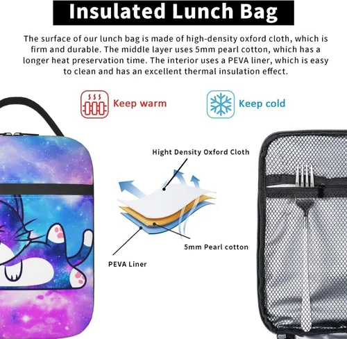 Vista 5 de Lonchera térmica con estampado de gatos Galaxy con asa desmontable, lonchera reutilizable para niñas, niños y adultos