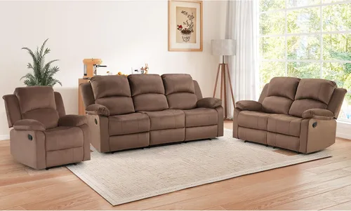 Vista 27 de EBELLO Juego de sofá reclinable manual, moderno juego de muebles reclinables de microfibra para sala de estar, incluye 2 sillas reclinables y 1 sofá