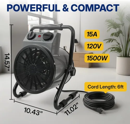 Vista 2 de NORTHSKY Calentador eléctrico de garaje de 1500 W con ángulo ajustable de 90°, termostato, calentamiento rápido, protección contra
