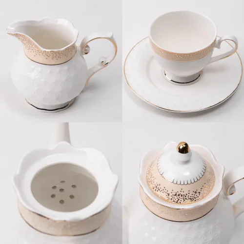 Vista 5 de Sweejar Juego de té de porcelana de 21 piezas, tetera vintage con ribetes dorados, juego de taza y platillo, taza de té para té suelto, azucarero