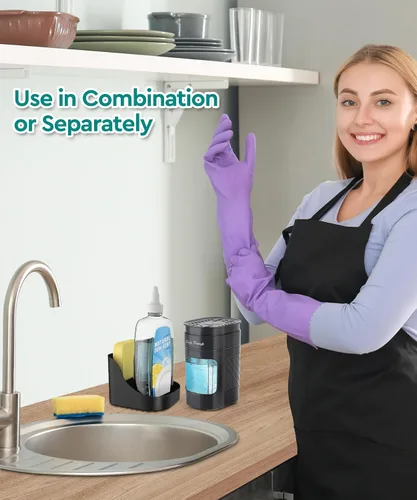 Vista 4 de Dispensador de jabón para platos 3 en 1 con soporte de esponja para fregadero de cocina (incluye una esponja), juego de dispensador de jabón de Negro