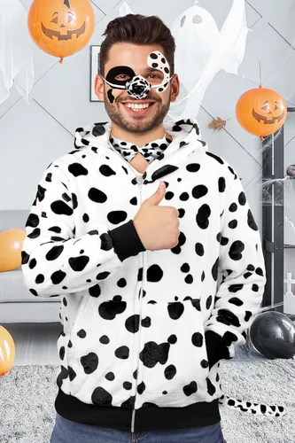 Vista 7 de AOTHSO Disfraz de perro dálmatas para Halloween, sudadera con capucha suave con cremallera frontal con bolsillos, calcetines de cola, calcomanías