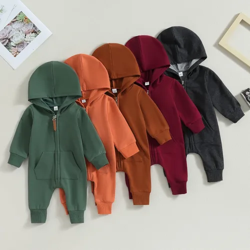 Vista 7 de AEEMCEM Mameluco de manga larga con capucha para bebé recién nacido, color liso, con cremallera, para otoño e invierno