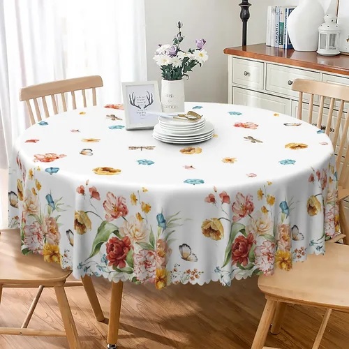 Vista 26 de Mantel redondo floral rústico de 48 pulgadas, con estampado botánico de flores en acuarela verde, azul y gris, a prueba de derrames y aceite, tela